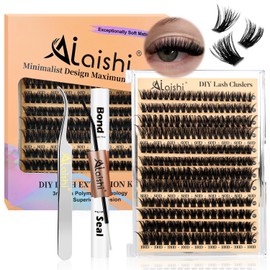 AILAISHI Lash Clusters Kit, DIY Cluster Eyelash Extensions 9‑16mm, 60D+80D+100D, 224pcs Fluffy D Curl Natural Lashes with Bond & Seal,Tweezers–Fake Cat Eye Individual Clusters