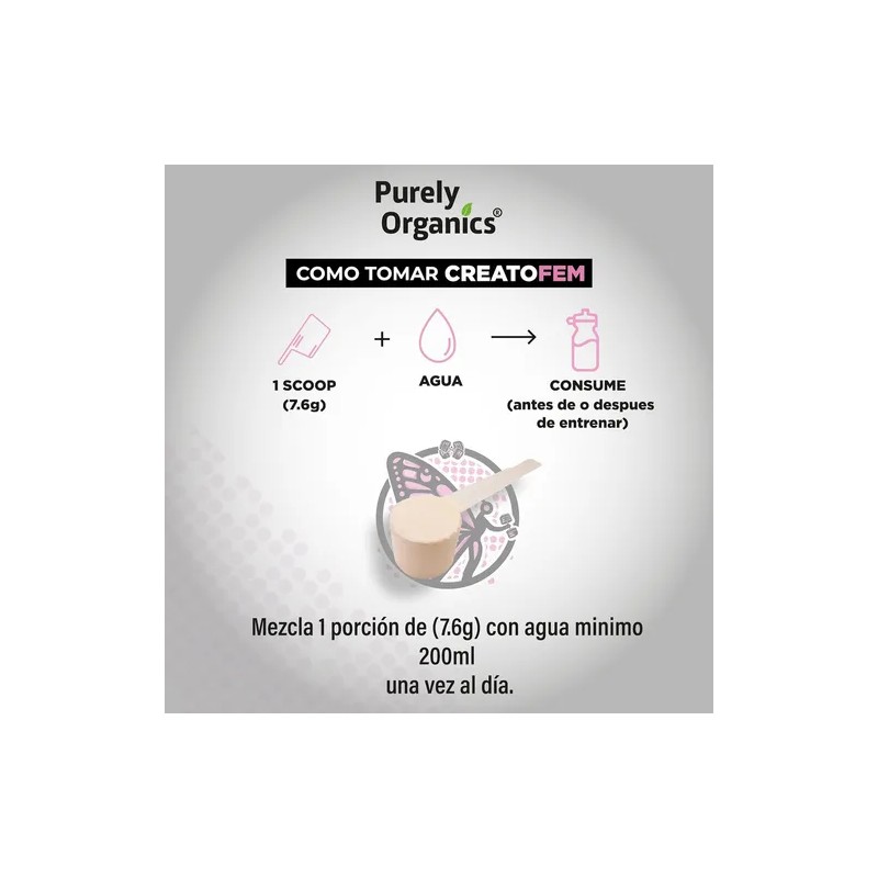 CreatoFem Creatina Orgánica Para Mujeres 60 Servicios. Sabor Arandano-miel. Purely