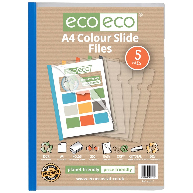 eco-eco A4 50% Recycled Bag 5 Easy Slide Files, Coloured