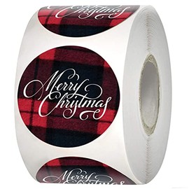 Easykart 500 Merry Christmas Red Checks Background Stickers in roll , 1.5 inch Round Size Perfect for Decoration Stickers , Gifting and envelopes Sealing ( 1 Pack - 500 PCs )