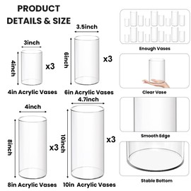 12 Pack Plastic Cylinder Vases, 4 6 8 10 Inch Tall Acrylic Cylinder Clear Flower Vase Set Bulk Glass Like Large Round Plastic Vases for Centerpiece Wedding Home Office