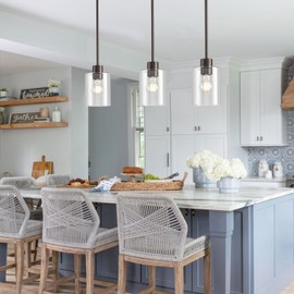 KLSS Oil Rubbed Bronze Pendant Lights Kitchen Island - Clear Glass Pendant Light Fixture Multiple Stems Rods 3 Units 12 Inch 3 Units 4 Inch (3 Pack Oil Rubbed Bronze Downrod)