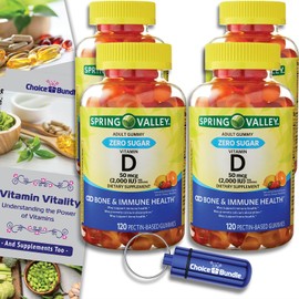 Choice Bundle Spring Valley Zero Sugar Vitamin D 50 mcg Gummies 120 Ct 4 pk (480 Total) Plus Vitamin Guide & Pill Container (6 Items)!