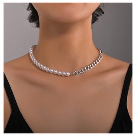 Andelaisi Boho Pearl Choker Necklace Vintage White Pearl Necklace Silver Cuba Chain Necklace Baroque Pearl Stitching Necklace Chain Jewelry for Women