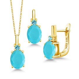 Gem Stone King Gemstone Birthstone and Swiss Blue Topaz Pendant and Earrings Jewelry Set for Women in 18K Yellow Gold Plated Silver | Oval 8X6MM and Round 2.5MM | With 18 Inch Chain