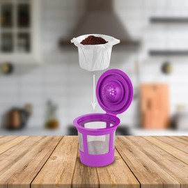 PARTY BARGAINS Reusable Coffee Filter Cups 4-Pack for 2.0 Brewers – Universal Fit Refillable Single-Serve Filters with Stainless Steel Mesh and BPA-Free Plastic – Eco-Friendly Coffee Pods, Purple