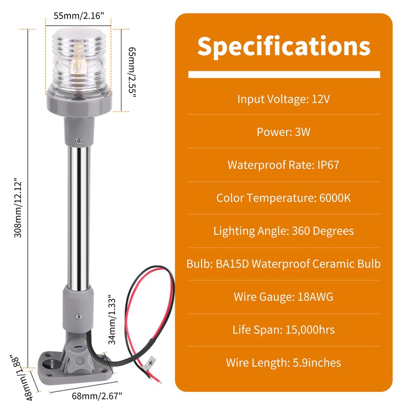 RVZONE Stern Lights for Boats, 12 inch 180° Fold Down