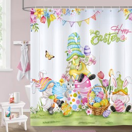 Bonhause Happy Easter Shower Curtain, Cute Bunny Gnome Easter Eggs Spring Bathroom Curtain 72 x 72 Inch Polyester Fabric Waterproof Bath Curtain with 12 Hooks
