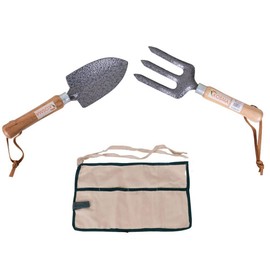 Kosma 2Pc Mini Garden Transplanting Tool Set Ash Wood Handle- Hand Fork & Trowel with FREE 4 Pocket Garden Apron