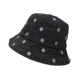 aoozleny Daisy Embroidered Denim Bucket Hat, Cute Bucket Hats Unisex Sun Summer Travel Beach Fisherman for Men Women Teens (CA/US, Alpha, One Size, Standard, Black)