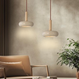 JIANTLAIUS 9.1inch 2PCS Japanese Wabi-sabi Style Travertine Pendant Lamp LED Natural Stone Shade Pendant Light Wood Bedroom Bedside Hanging Light 3000K for Living Dining Room Table
