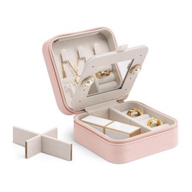 Vlando Small Travel Jewelry Box Organizer - Mirrored Jewelries Necklaces Rings Earrings Necklace Storage Case, Pink