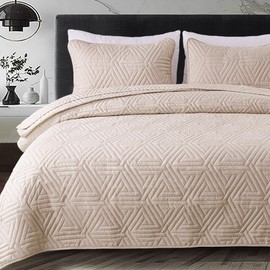 Whale Flotilla Soft King Size Quilt Set for All Seasons, 3-Piece Ultrasonic Geometric Quilts Bedding Set, Lightweight Reversible Bedspread, Coverlet, Bed Cover with 2 Pillow Shams, Brich Beige