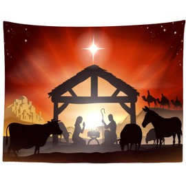 CORFOTO 81x59 Inch Fabric Christmas Birth of Jesus Tapestry Manger Nativity Scene Silhouette Wall Hanging Christian Tapestry for Wall Decor Bedroom Aesthetic Living Room College Dorm Decor Wallpaper