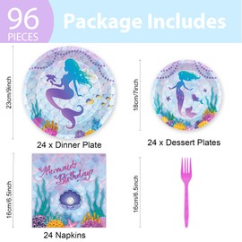 96 Pcs Mermaid Plates and Napkins Party Supplies Mermaids Ocean Birthday Tableware Set Under the Sea Party Decorations Favors for Girls Birthday Baby Shower Serves 24 Guests