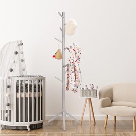 Kid's Coat Rack Stand Beech Wood Coats Tree, Height Adjustable Freestanding Child Clothes Racks with 9 Hooks for Cloth, Hats and Handbags, Hallway, Entryway,Bedroom, Easy Assembly (Grey)
