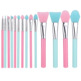 JIYIN 14 Pcs Silicone Makeup Brush Applicator Kit, Silicone Brush Applicator for Cream Makeup Products and UV Resin Epoxy Art Crafting, Resin Face Mask Brushes Green+Pink