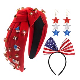 ZYJLM 4 th of July Headband American Flag Star Butterfly Heart Knotted Headband USA Red White Blue Crystal Jeweled Patriotic Bow Headpiece Fourth of July Earrings Independence Day Holiday Party Favor