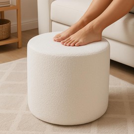 KKdema Round Pouf Ottoman and Foot Rest, Soft Boucle Footstool Ottomans for Living Room, Comfort Foam Stuffed Poofs for Couch Desk Resting Your Feet, White