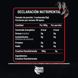Creatina Monohidratada Dark Wolf, Alta Pureza, 100% Natural, Sin OGM, Sin Gluten, Sin Azúcar, 450g, 90 servicios