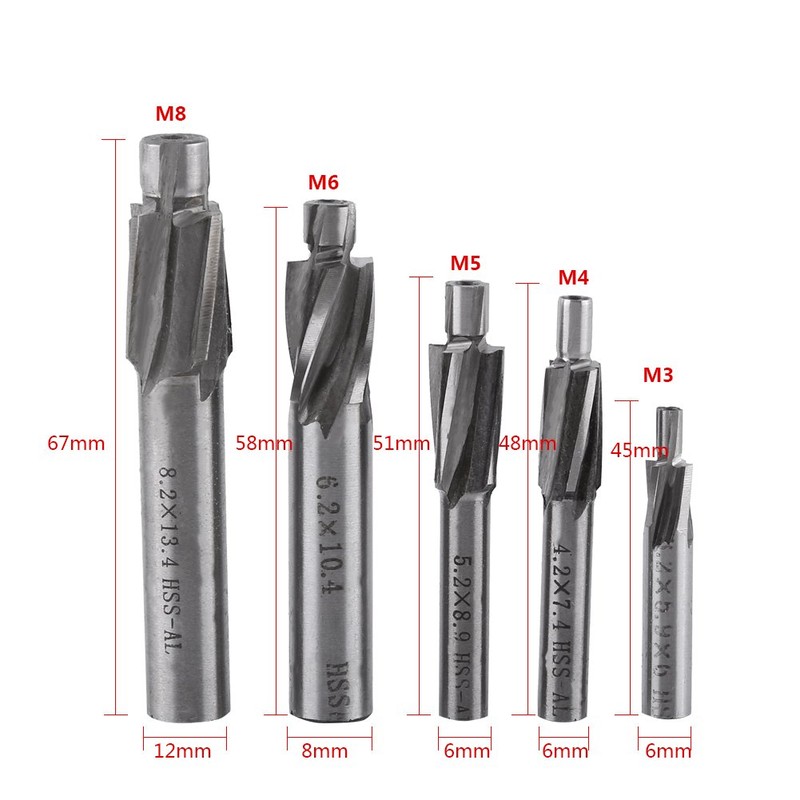 Akozon 5pcs M3-M8 Pilot Slotting Counterbore Mould End Mill Cutter