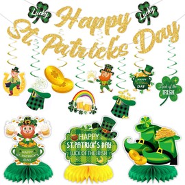Happy St Patricks Day Party Decorations, Include Banner,Hanging Swirls and Table Decorations Honeycomb Centerpieces for Home Saint Patrick Party Supplies