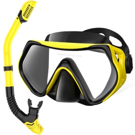 Snorkeling Gear for Adults, Dry-Top Snorkel Set Scuba Diving mask, 180°Panoramic Wide View Professional Snorkeling Gear Breathing Freely Snorkel Mask (Yellow)