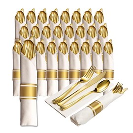 Prestee 25 Pre Rolled Gold Plastic Silverware - 100pc Set, Service for 25 - Wrapped Disposable Set with Forks, Knives, Spoons, White Napkins - Fancy Decorative Flatware for Dinner, Party, Wedding