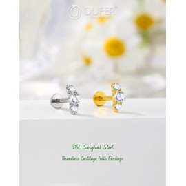 OUFER Cartilage Helix Earring Studs, 316L Stainless Steel 16G Silver Push in Threadless Cartilage Earring Flat Back with CZ, Lip Labret Rings for Women and Men