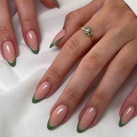 Foccna Press On Nails Almond -French Tip Fake Nails Glossy Short Round Nails, Salon Quality Artificial Nails for Women 24pcs