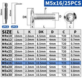 XRXYMQ Pack of 25 M5 Flat Head Screws M5 x 16 mm Screws 304 Stainless Steel Screws Pan Head Screws M5 Torx Screws with Screwdriver Bit Wrench for Assembly Maintenance