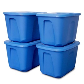 HOMZ 4-Pack Durable Molded Bin, Plastic Storage Containers w/Lids, 10 Gallon, Blue - Stackable Organizer Totes and Boxes for Bedroom, Kitchen, and Garage Organization