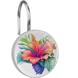 FVQL Shower Curtain Hooks Decorative, Flower Hibiscus and Leaf, Set of 12, Metal Shower Curtain Rings for Bathroom