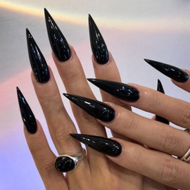 Black Solid Color Press on Nails Stilettos Extra Long Fake Glue on Nails Glossy Artificial False Nails Acrylic Nails for Women Girls