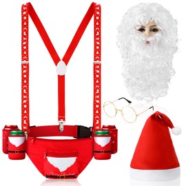 Suhine 9 Pcs Christmas Fanny Pack Drink Holder Suspender Santa Costume Accessories Fanny Pack Beverage Beer Belt White Wig Beard Hat Glasses Set Adjustable Elastic Suspenders for Xmas Party Dress Up