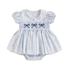Filgriox Newborn Baby Girl Romper Bow Embroidery Peter Pan Collar Short Sleeve Bubble Bodysuit Summer Clothes (Light blue, 6-12 Months)