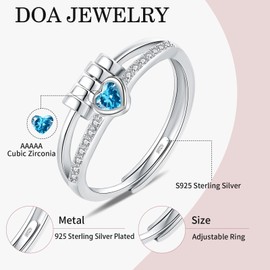 Birthstone Jewellery for Women, Adjustable March Birthstone Cubic Zirconia Ring, Sterling Silver Plated Fidget Gifts, Ocean Blue Anxiety Heart Rings for Daughter Birthday Christmas