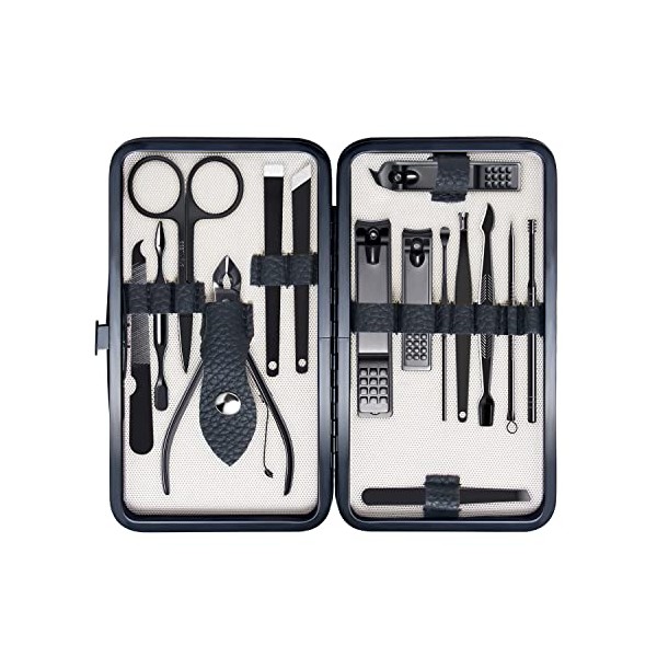 FIXBODY Manicure Pedicure Set - Black Stainless Steel Kit - Nail Clippers Toenail Clippers Includes Cuticle Remover with Black Leather Travel Case Beauty Care Tools, Set of 15