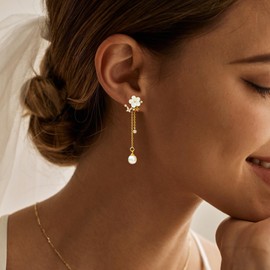 Tituthia Dangle Earrings for Women, 14k Pearl Drop Earrings Gold Flower Earring Cute Gold Earrings for Women Trendy Wedding Long Earring Hypoallergenic Prom Bridal Jewelry Gifts
