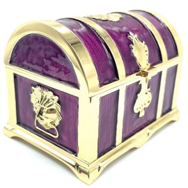 Vintage Metal Jewelry Chest Treasure Trinket Box, Gem Storage Tray Ring Earrings Necklace Keepsake Gift Holder Case Bag for Girls Ladies Women (Medium Golden Purple)