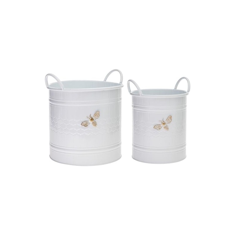 Boston International White Round Metal Planter Buckets with Handles, Set