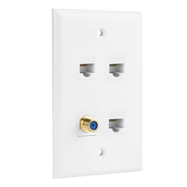 Ethernet Coax Wall Plate, 3 Port Cat 6 RJ45 Keystone and 1 Port TV Coax F Type Keystone Wall Outlet