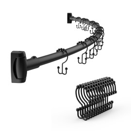 CalcMetal 42-72 Inches Adjustable Arched Curved Shower Curtain Rod with 12 Pcs Shower Curtain Rings for Bathroom, Fitting Room, or Kitchen, Wall Drill Needed, Easy Installation, Matte Black