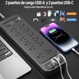 GALASALA Multicontacto Regleta 16 en 1, Extensión Eléctrica de 1,8 M con Protector Supresor de Picos Voltaje, Enchufe Plano, 12 Salidas y 4 USB (2 USB-C), Conector Multiple para Hogar Oficina