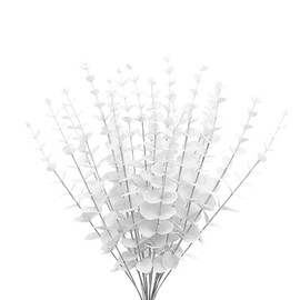 ABAJI Plastic Eucalyptus White Stems 12 Fake Faux Decorations Artificial Leaves Greenery Plant Leaf Home Office House Table Desk Decor Wedding Party Vase Forever Live