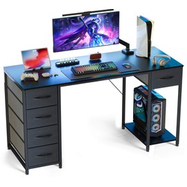 LUCKRACER Computer Desk with 5 Fabric Drawers, 47 Inch Home Office Desk with Storage Shelves, Gaming Writing Work Study Table for Bedroom, Living Room, Black