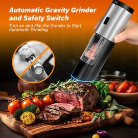 Gravity Electric Grinder, Electric Salt & Pepper Grinder Set, Battery Powered with LED Light, Adjustable Coarseness, Safety Switch, Stainless Steel, Black