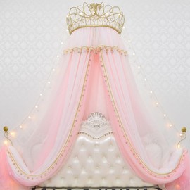 GongZhuMeng Girl Bed Curtain Princess Crown Mosquito Netting Children Room Decor Bedside Yarn Net Romantic Princess Tents Bed Canopy Valance (Light Pink)