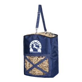 Horse Hay Bag Feeder, Navy Blue Slow Feed Design, Hanging Wall Mount with Adjustable Straps (Navy)