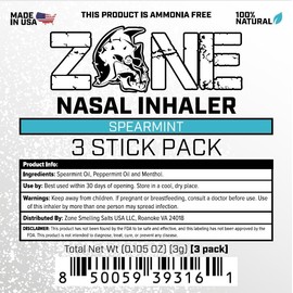 Zone Essential Oil Nasal Stick – Natural Mood Boosting Ingredients - Ultra Cool Refreshing Senstation, Made in USA (Essential Oils and Menthol) (Spearmint 3 Pack)